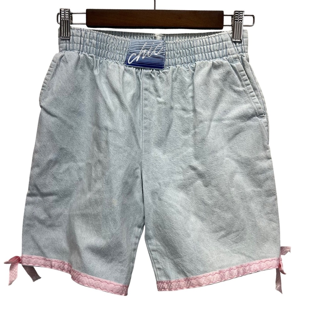 Chic Vintage Denim Shorts Women XS Light Blue Pink Lace Trim Bows High Rise READ